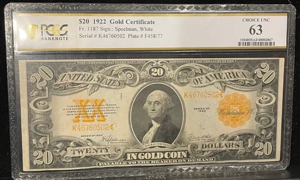 Buy 1922 $20 Gold Coin Large Note PCGS MS63 at the Best Price